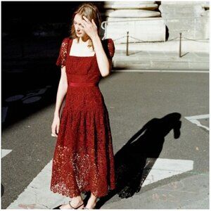 Self-Portrait Dress Womens 2 Red Guipure Lace Midi Fit & Flare Party Cocktail